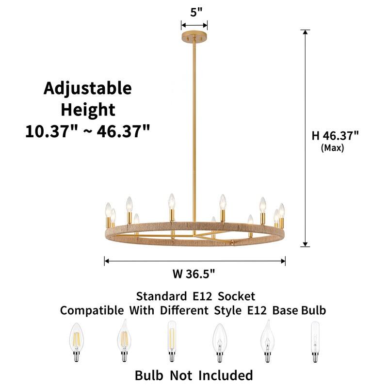 KAWOTI 12-Light Rustic Wagon Wheel Chandelier with Jute Wrap - W36.5" x H46.4"