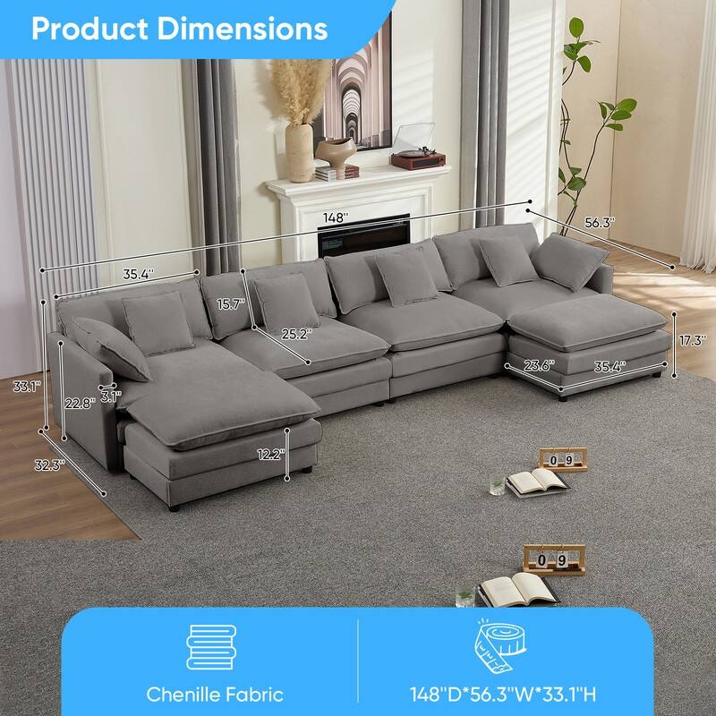 Mixoy 148''Oversized Modular Sectional Sofa, U-Shaped 6-Seater Chenille Upholstered Deep Seat Sofa with 2 Movable Ottomans - 4+2