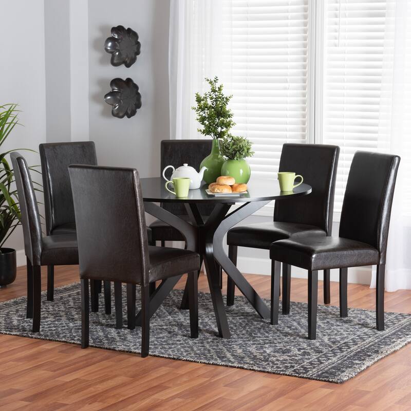 Asli Modern Espresso Brown Faux Leather and Wood 7-Piece Dining Set