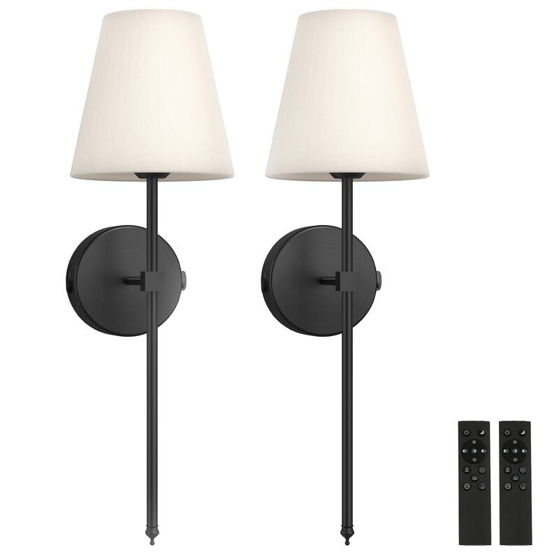 YANSUN Rechargeable Wall Light,With White Fabric Shade Infrared Remote, Set of 2, All-Black Finish - Black - 12*8*7