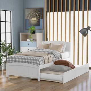 Twin Size Platform Bed with Roll-Out Trundle and Solid Pine Wood Construction