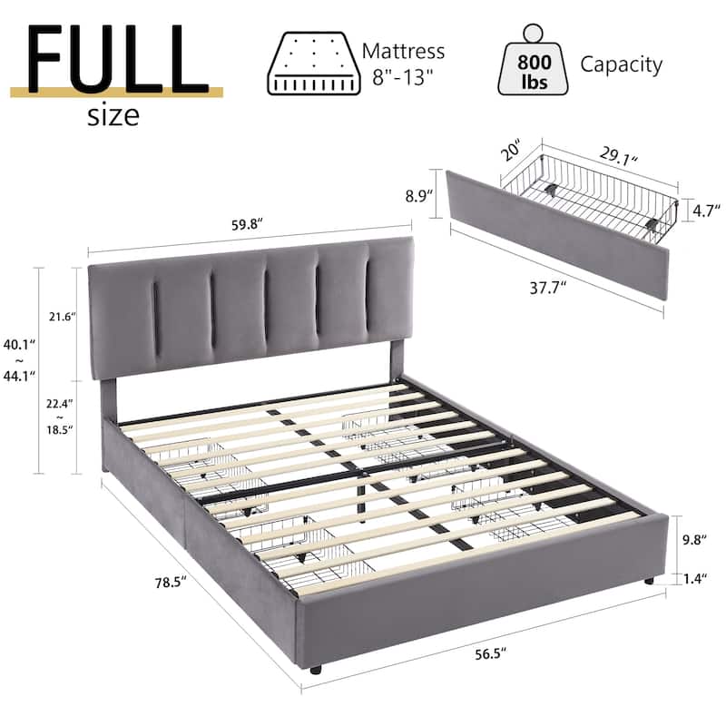 Javlergo Bed Frame with Storage Drawers, Upholstered Platform Bed Frame with Adjustable Headboard