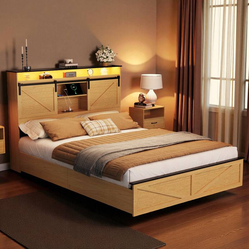 Farmhouse Full/Queen Bed Frame with Storage Headboard, Drawers, Charging Station and RGB LED Lights, MDF and Steel Platform Bed