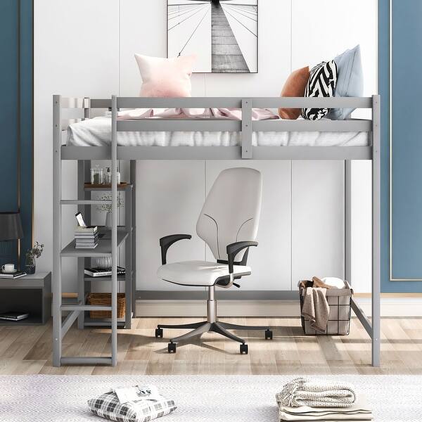 slide 2 of 24, Full Size Loft Bed Wood Bed Frame with Built-in Desk and Shelves, Full Length Safety Guardrail for Kids Teens Bedroom/Dorm Grey - Full
