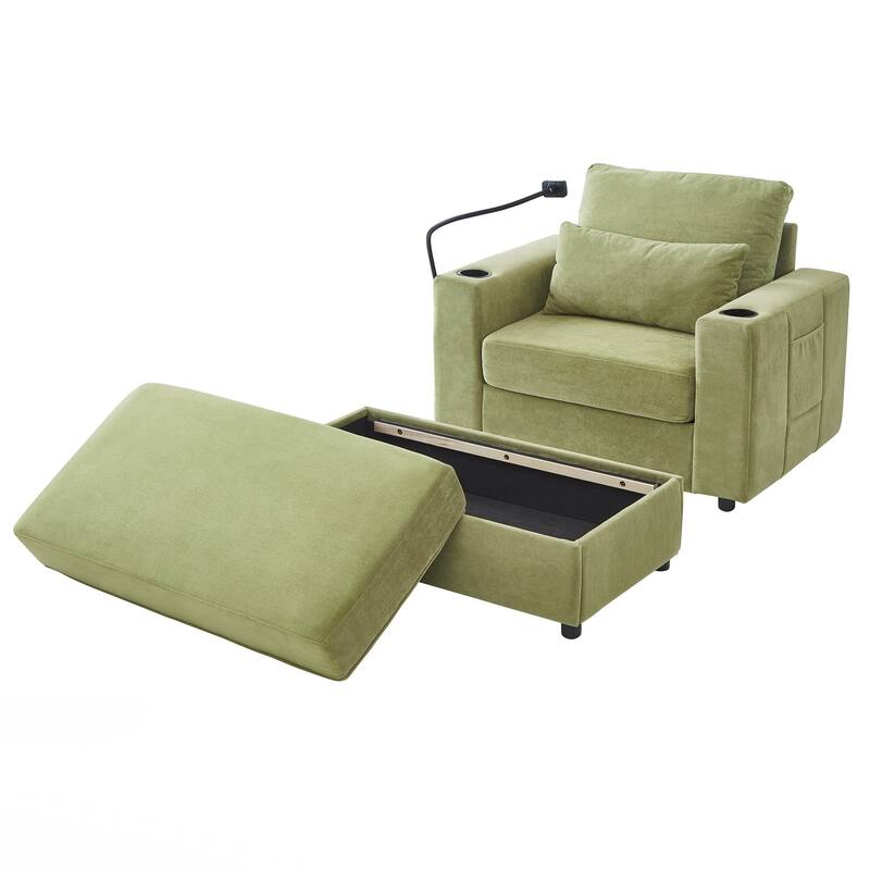 Modern Style Armchair 42.5" Chaise Lounge Sofa Couch with a Movable Storage Ottoman, Two USB Ports, Two Cup Holders
