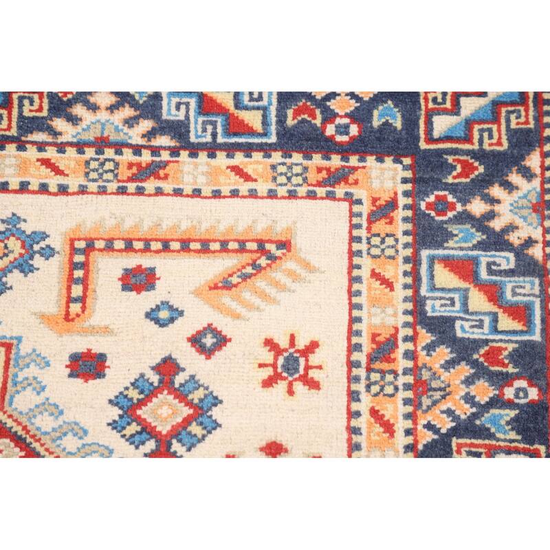 Beige / Ivory Geometric Kazak Oriental Rug Hand-Knotted Wool Carpet - 4'2" x 5'11"