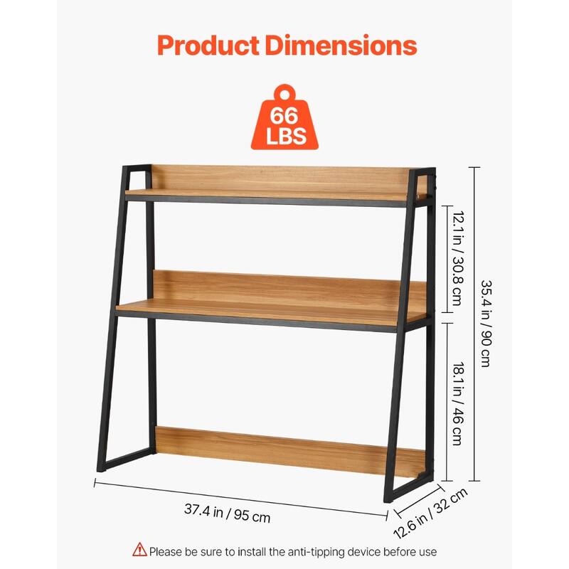 Particle Board Desktop Bookshelf Hutch, 2 Shelves, Anti-Slip Feet Pads - 37.4" L x 12.6" W x 35.4" H