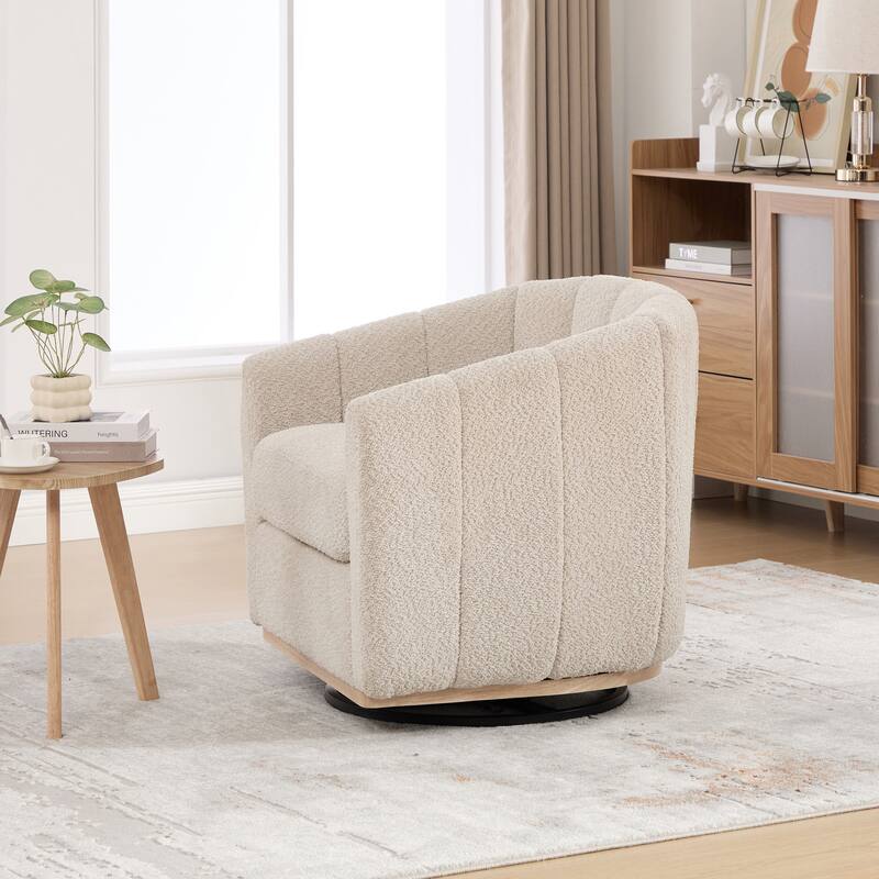 Chenille Upholstered Swivel Barrel Chair, Tufted Pumpkin-Shape Club Armchair, Lounge Reading Chair with Metal Base