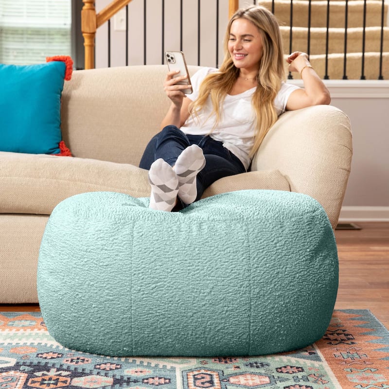 Jaxx Ellis Pouf - Modern Shearling Faux-Lamb Plush Fleece Ottoman - Oval - Mineral Green