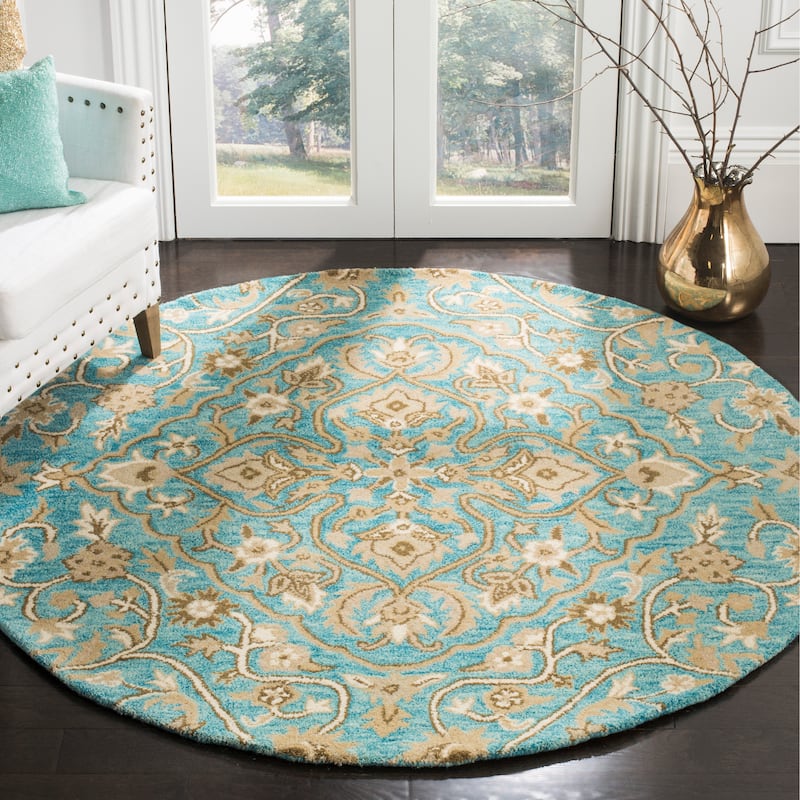SAFAVIEH Handmade Bella Zaharinka Modern Floral Wool Rug - 5' Round - Blue/Taupe