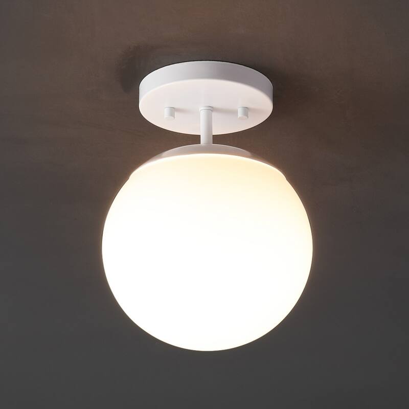 Galax Bistro 7.75" 1-Light Bohemian Farmhouse Iron/Frosted Glass LED Semi Flush Mount, Brass Gold/White by JONATHAN Y