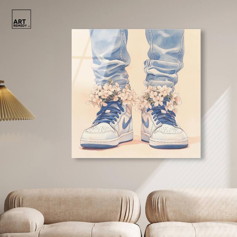 Gentle Blue Sneakers and Flowers Acrylic by Art Remedy, Ready to Hang