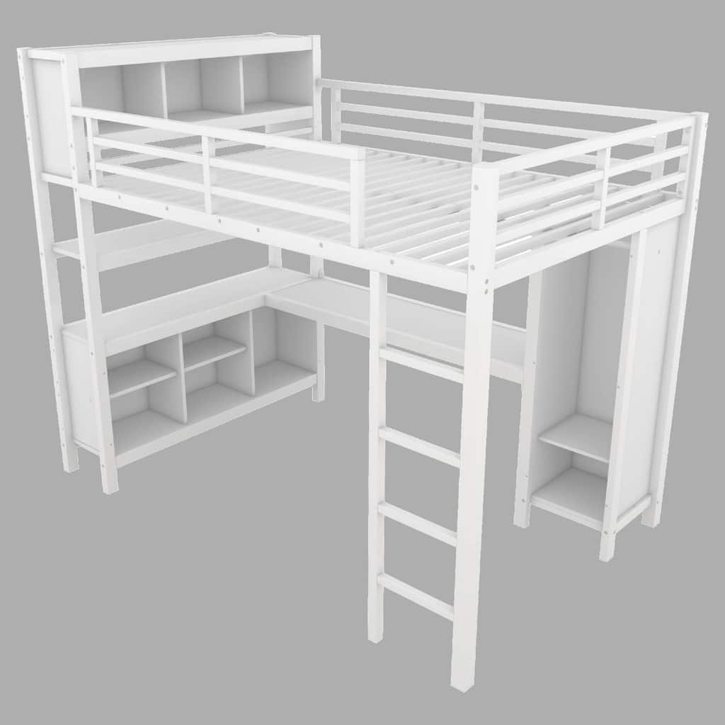 Metal Full Loft Bed with L-Shaped Desk, Wardrobe, and Storage, Space Saving for Teens & Adults