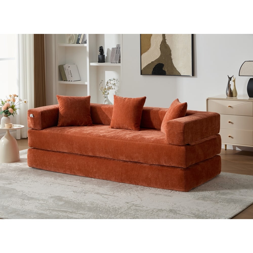 HOMEFUN Chenille Upholstered Convertible Foldable Memory Foam Sleeper Sofa with Pillows for Living Room