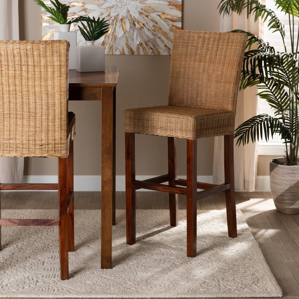Racquel Modern Bohemian Natural Rattan and Mahogany Wood Bar Stool