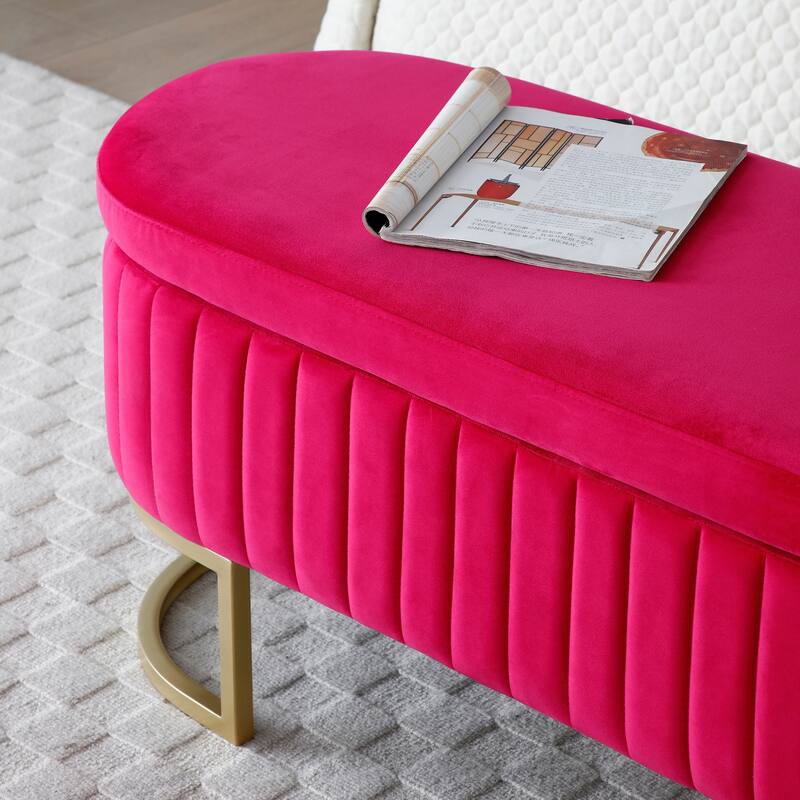 Storage Bench Bedroom Bench, Velvet Oval Upholstered End of Bed Bench with Golden Metal Legs, 50" Storage Ottoman Bench