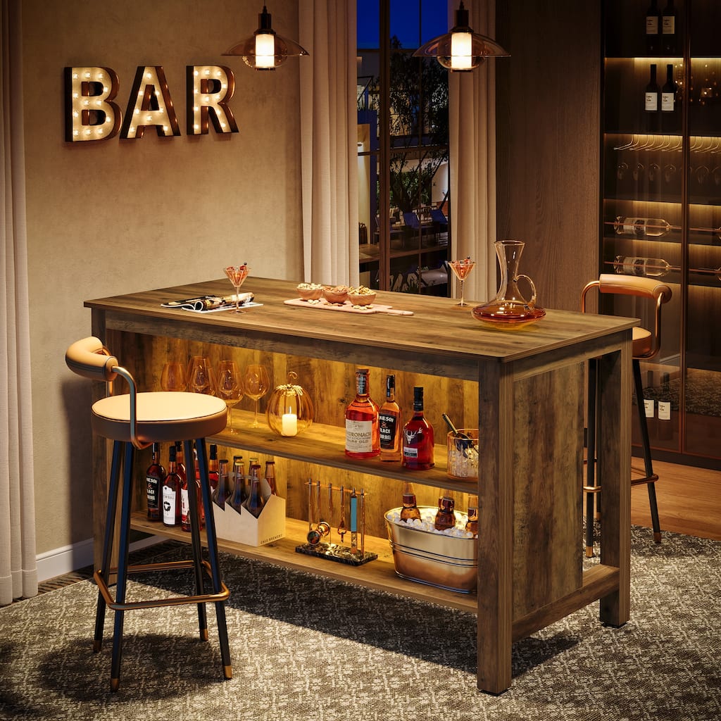59-Inch Home Bar Table Counter Height Pub Table with 2-Tier Storage - 27.56" D x 59" W x 35.43" H
