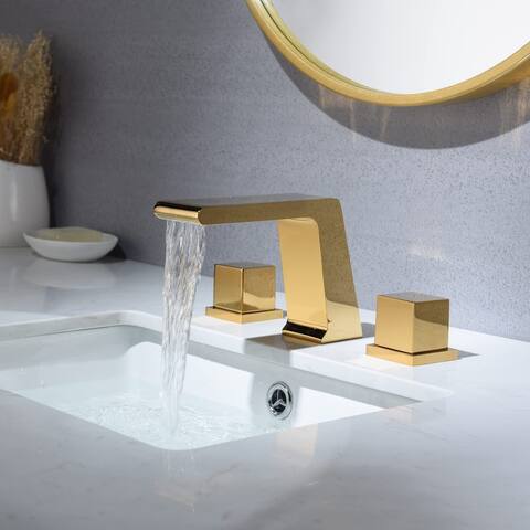 Polished Gold 3 holes two handles Waterfall bathroom Sink Faucet with brass pop up overflow Drain