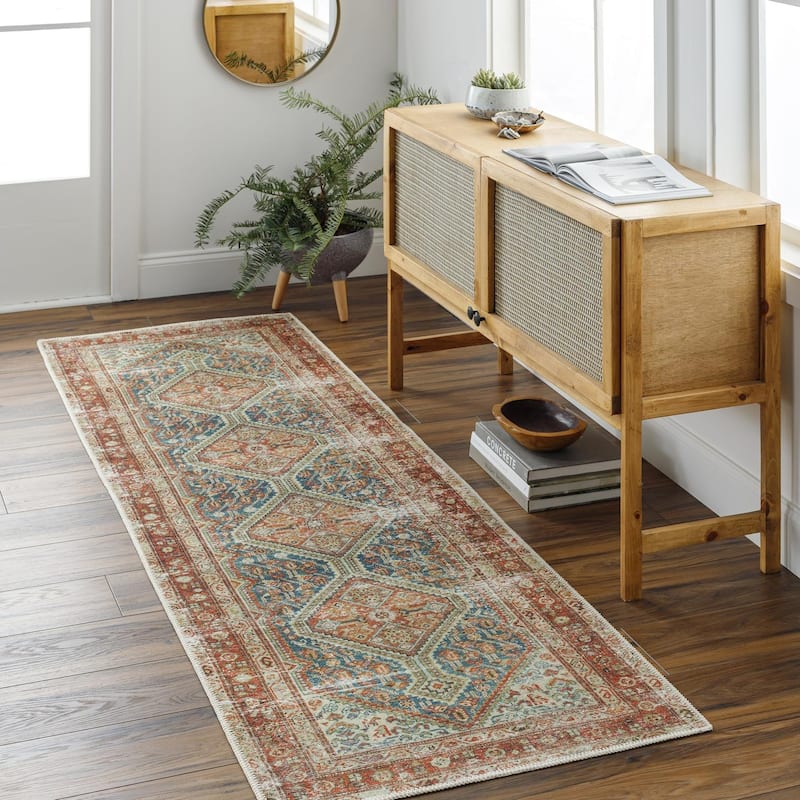 Livabliss Traditional Amelie Medallion Washable Area Rug - 2'7" x 7'10" - Blue/Rust