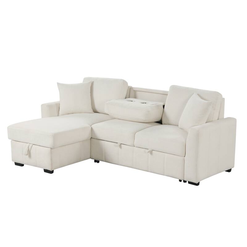 L-Shaped Convertible Sleeper Sectional Sofa with Reversible Storage Chaise and Drop-Down Console with Dual Cup Holders