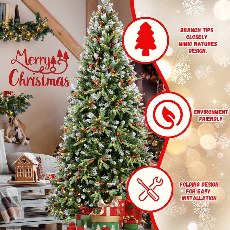 8FT Christmas Tree with 600 Warm White LED Lights-2850 Snow-Tipped PE+PVC Branches, Red Berries & Pine Cones,Hinged Design