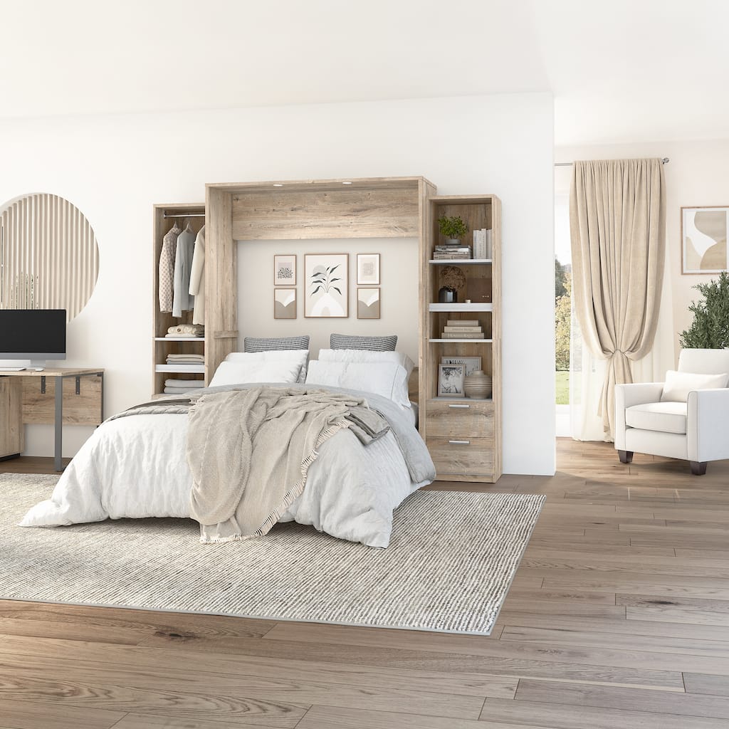 Cielo Queen Murphy Bed & Narrow Shelving Units with Drawers by Bestar