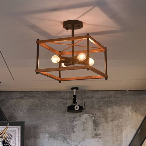 Wooden Rustic Simple Square Farmhouse Ceiling Light - W12.6''xH11.5''