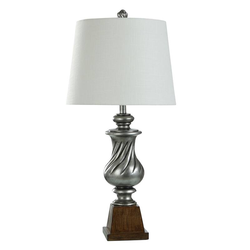 Worthby Silver Table Lamp - Polyresin Swirl Body with Pedestal Base - Off-White Shade - Dark Silver, Brown Brushed, Off-White
