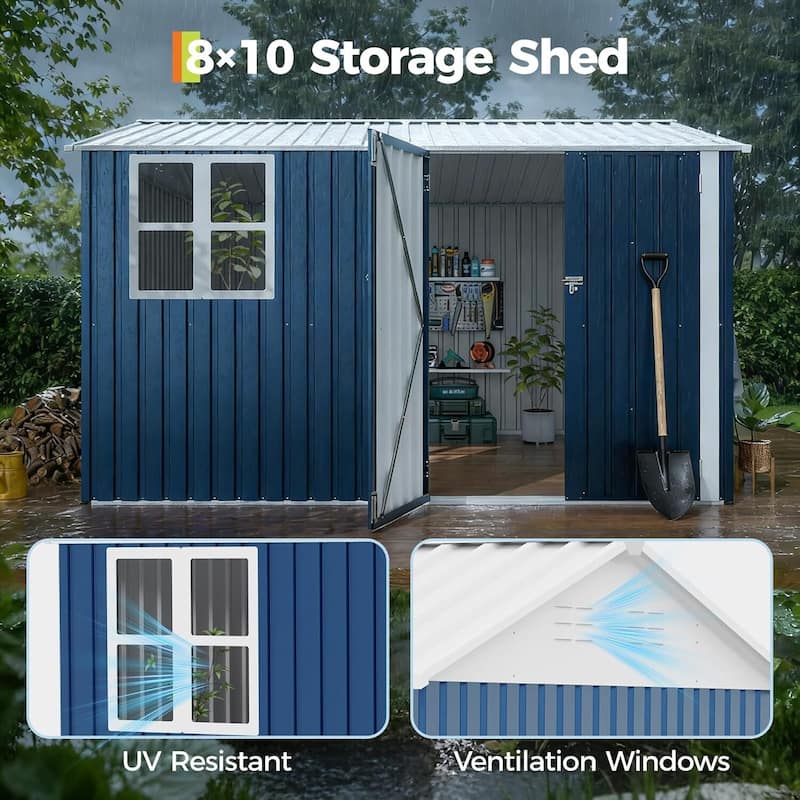 8×10FT Storage Shed Metal Tool Garden Shed for Garden, Backyard, Patio