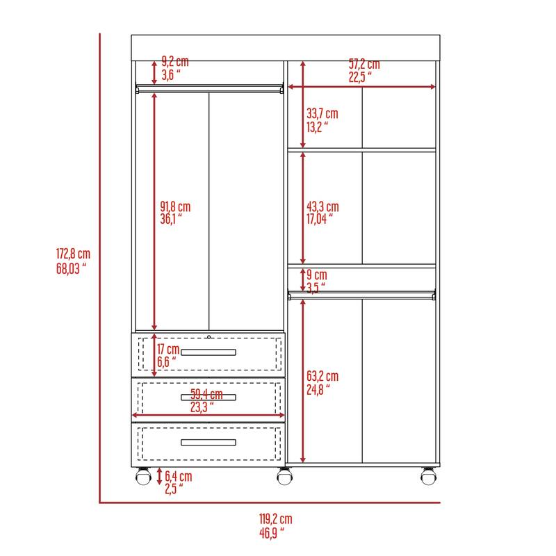 46.9" Modern Mobile Armoire with Hanging Rod, Three Drawers and Two Shelves
