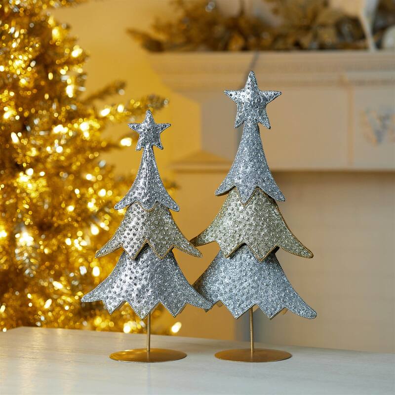 Set of 2 Metal Christmas Trees with Glitter Beads and Gold Stand - 8.75” x 5” x 16.25”