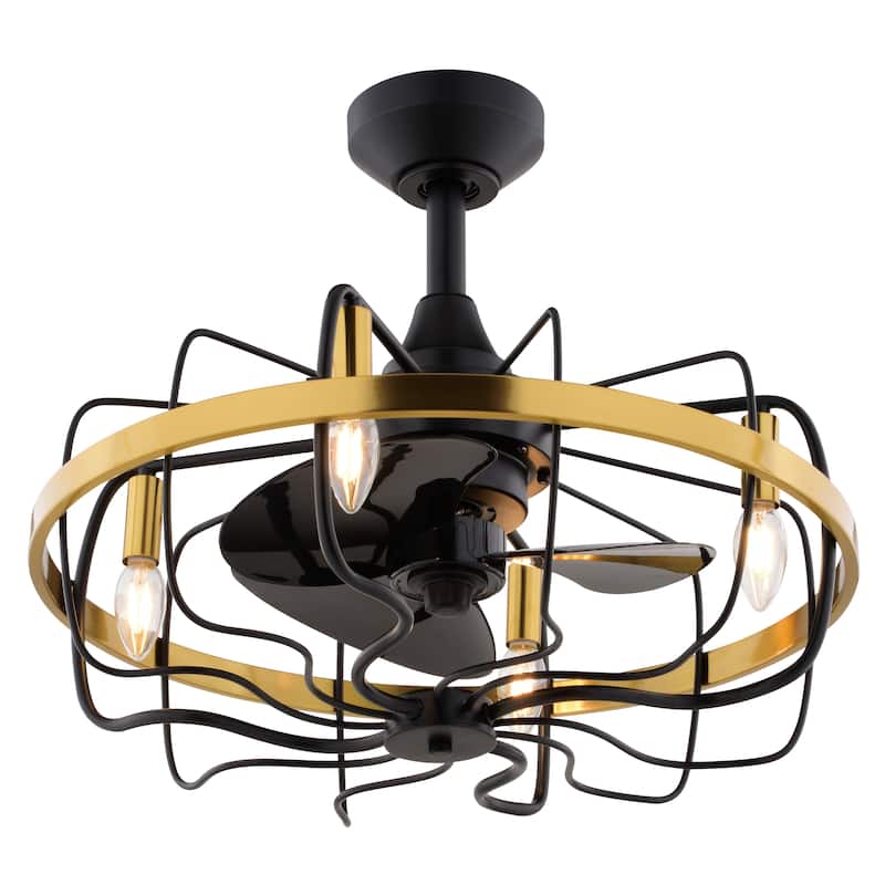 Kenton Black and Gold Satin Brass Contemporary 21-in. Fandelier Ceiling Fan with Cage Light Kit and Remote - Black and Satin Brass - 21-in W x 17.75-in H x 21-in D