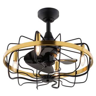 Kenton 21 in. Black and Satin Brass Fandelier Ceiling Fan, Black Blades, Dimmable LED Light Kit, Remote, Metal Wire Cage Shade