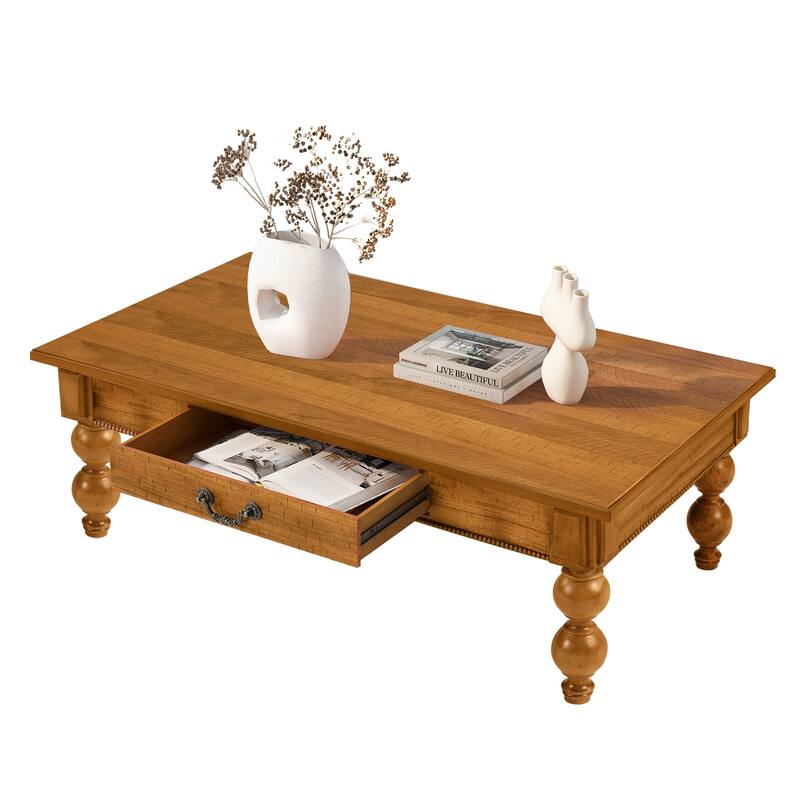 Vintage Cocktail Table Rectangular Wooden Coffee Table with Storage Drawer, Gourd-Shaped Legs and Zinc Alloy Handle
