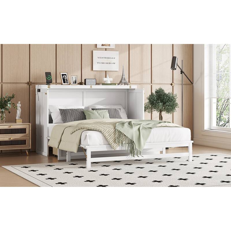 Roomfitters Queen Murphy Bed Cabinet with Storage Compartment, Charging Station with USB, Solid Pine Wall Bed