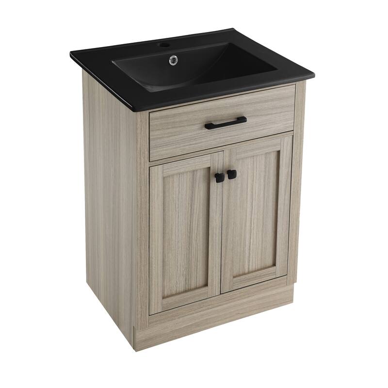 Burdon 24 In. Brown Oak Bathroom Vanity With Black Ceramic Sink Top
