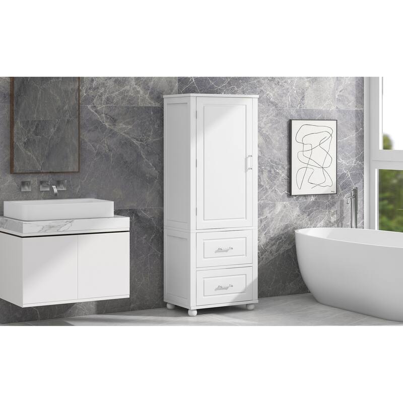 GDFStudio - Rowan Tall Freestanding Bathroom Storage Cabinet with Two Drawers and Adjustable Shelf