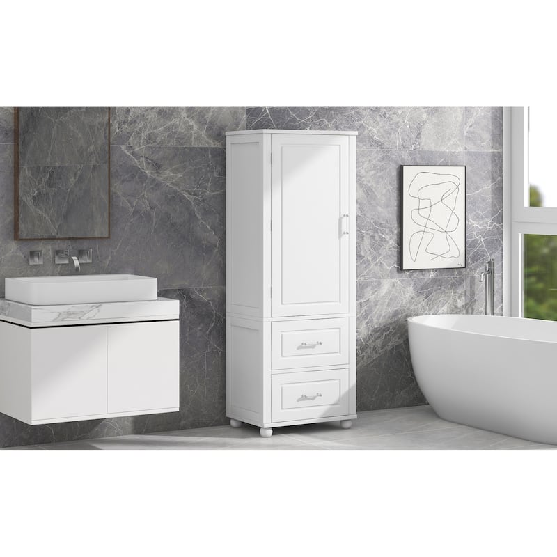 Tall Bathroom Storage Cabinet, Freestanding Storage Cabinet with Two Drawers and Adjustable Shelf