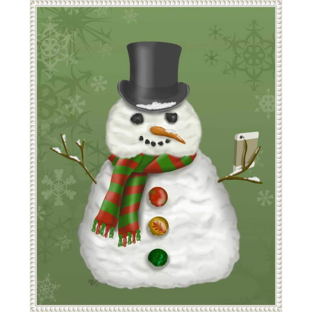 Snowman Selfie by Fab Funky (23 x 28 in.), Framed Canvas Wall Art Print - Sylvie Beaded White