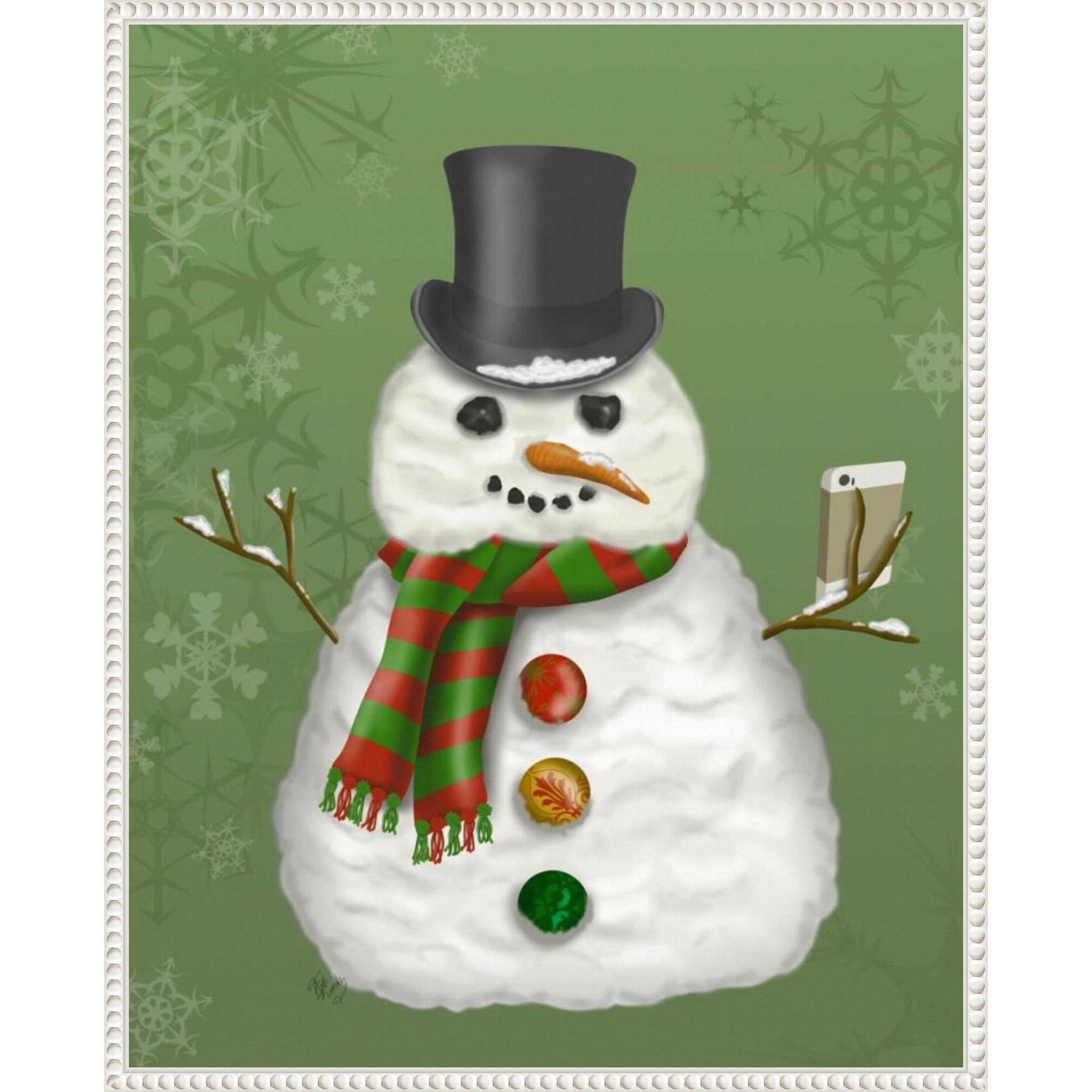 Snowman Selfie by Fab Funky (23 x 28 in.), Framed Canvas Wall Art Print - Sylvie Beaded White