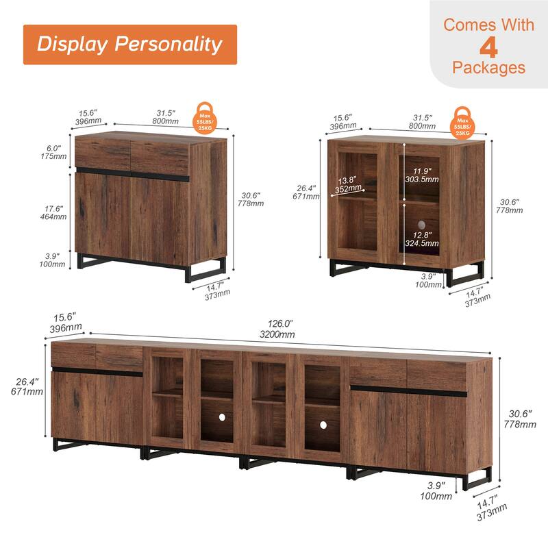 Modern Dresser with Adjustable Shelves, 4 in 1 Chest with Glass Doors, Closet Organizers and Storage Cabinet for Bedroom