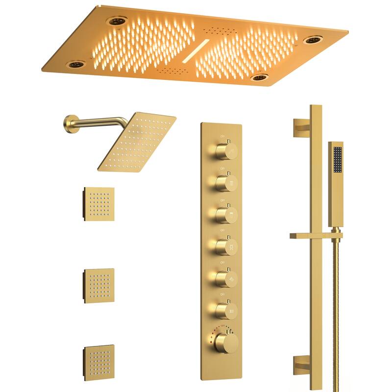 Thermostatic Dual Head System, 64-Color LED Mood Lighting 3-Functions Shower Head with Bluetooth Music & 3 Body Jets - Brushed Gold