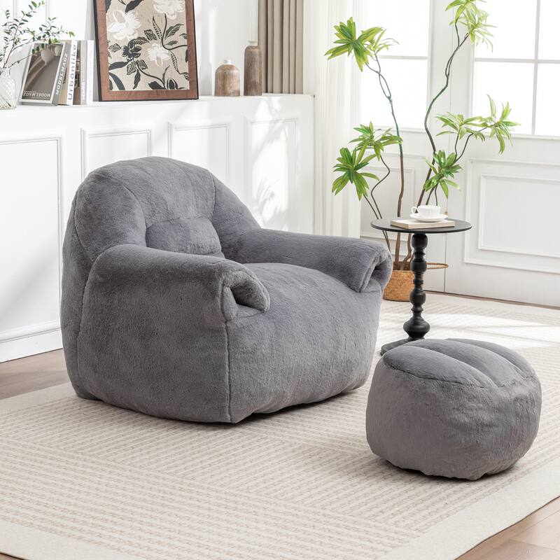 Faux Fur Bean Bag Chair with Back Support & Footstool - Comfy Floor Sofa for Adults & Kids, Living Room, Bedroom (2 Options)
