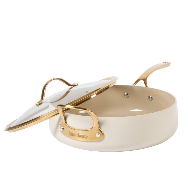 Bloomhouse 6 QT Heavy Duty Aluminum Premium PFA Free Ceramic Nonstick Frying Pan Skillet with Lid - Almond Cream
