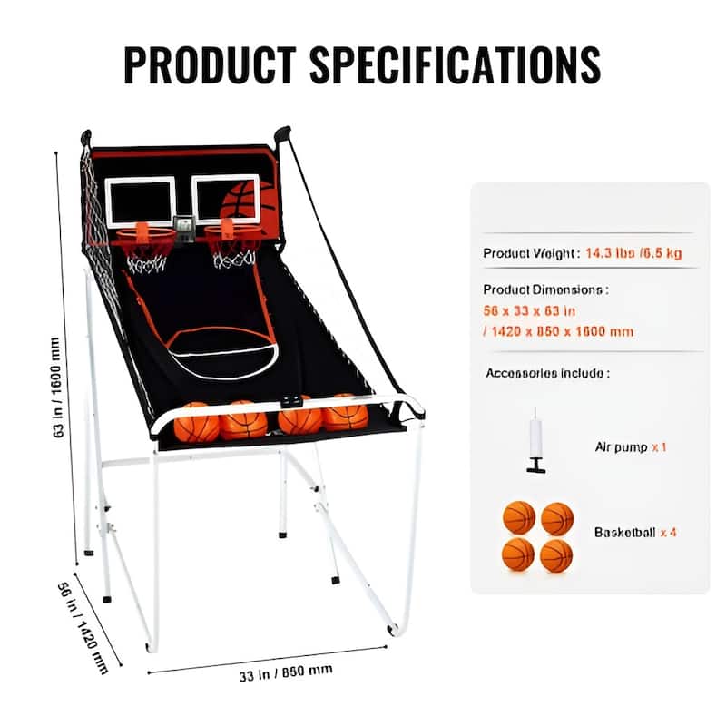 Black-White Steel Basketball Arcade Game with Dual Hoops and 8 Game Modes - 56” L x 33” W x 63” H