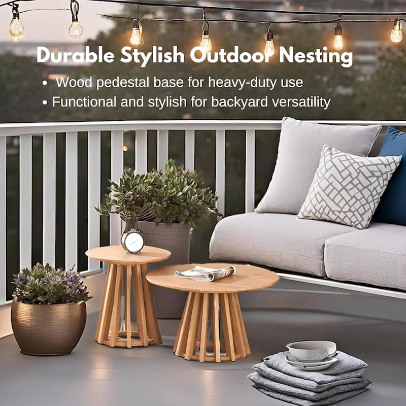 Mid-Century Round Nesting Coffee Table Set of 2 Blonde Wood Finish - 24x14 16x17