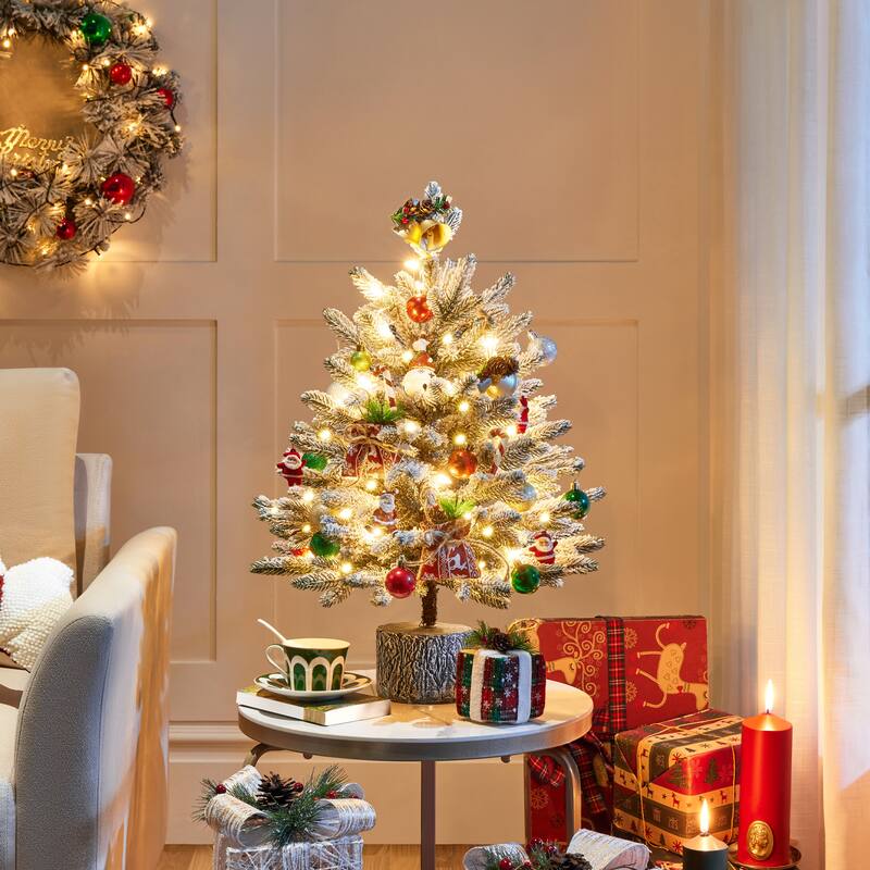 Yaheetech 2ft/3ft Pre-lit Mini Flocked Tabletop Christmas Tree with Warm White LED Lights - 2 Foot