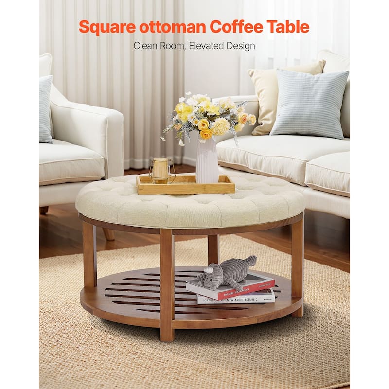 Linen Round Ottoman Coffee Table with Storage Tufted Upholstered Bench Footrest 350 lbs Capacity
