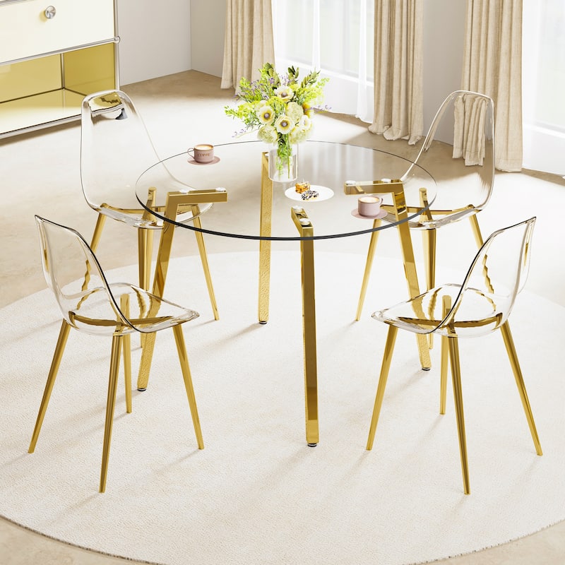 Roomfitters Round Glass Dining Table with Transparent Top and Silver Metal Legs for Kitchen Dining or Living Room