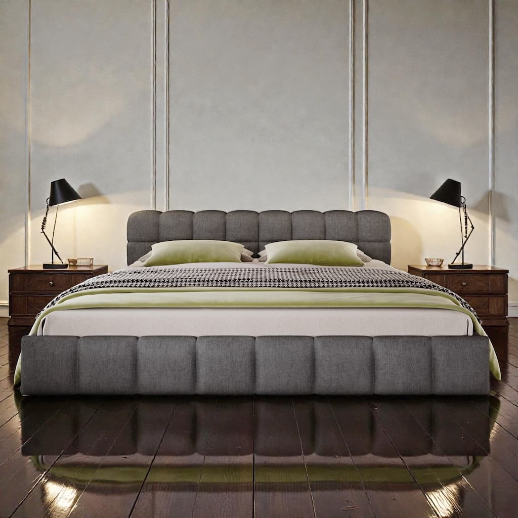 Chenille Upholstered Queen/King Bed with Checkerboard Headboard, Soft Fabric Platform Bed Frame, Modern Elegant Design